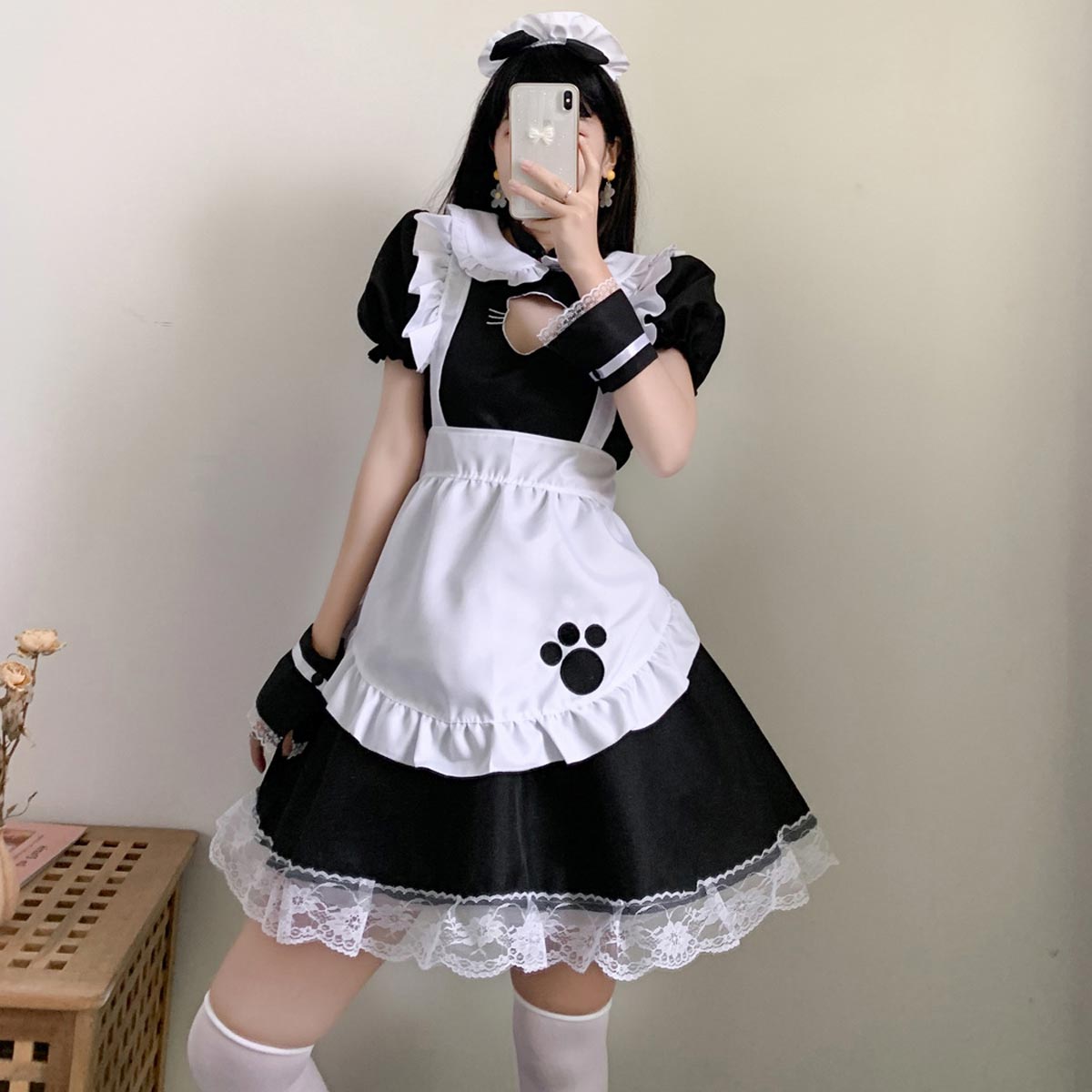 Black Puff Sleeve Ruffles One Piece Dress With Apron And Headpieces