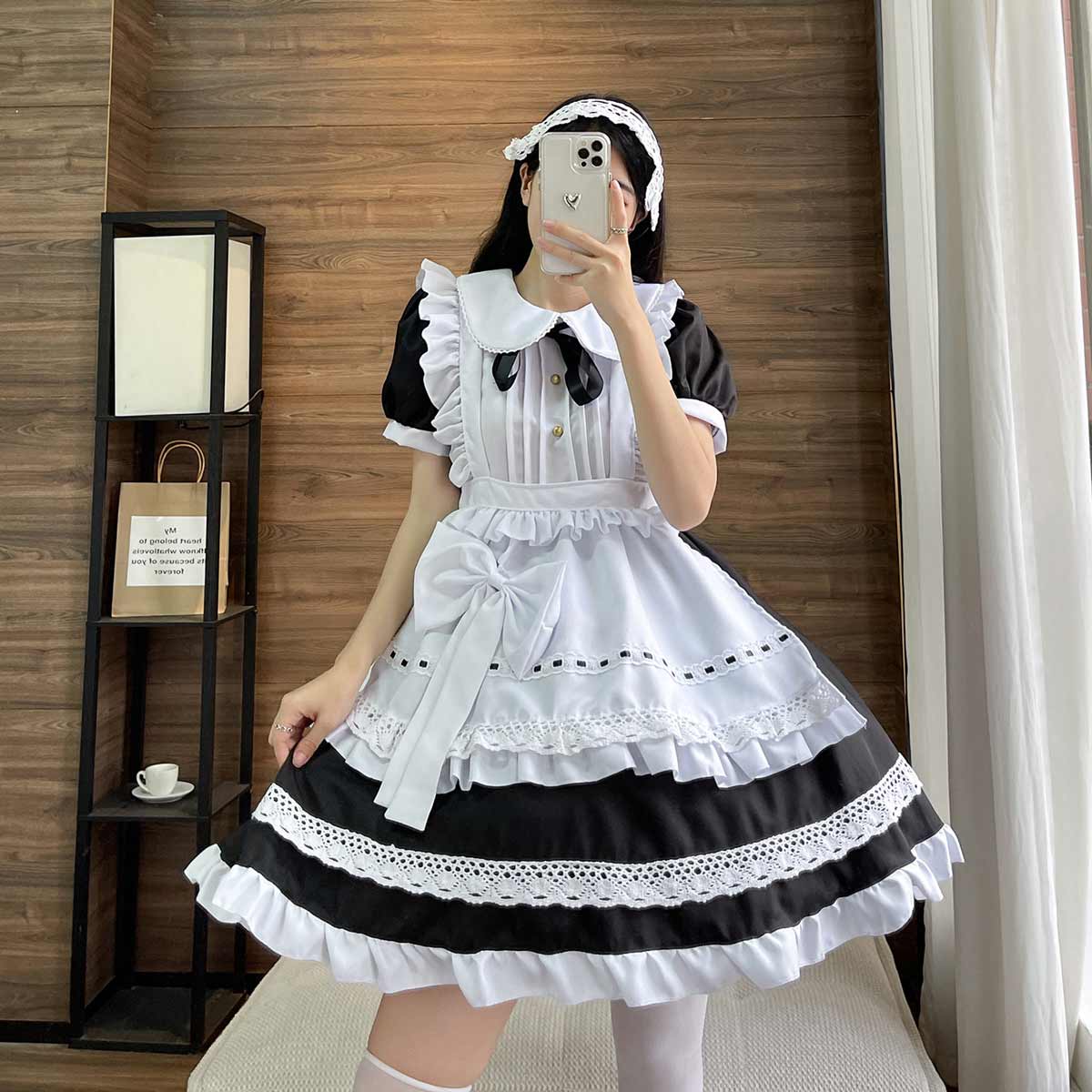 Classical Lolita Black White Apron Ruffles Bows Color Block Bow Maid Lolita Dress