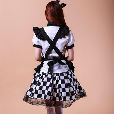 Sweet Lace Up Plaid Ruffle One Piece Maid Lolita Dresses