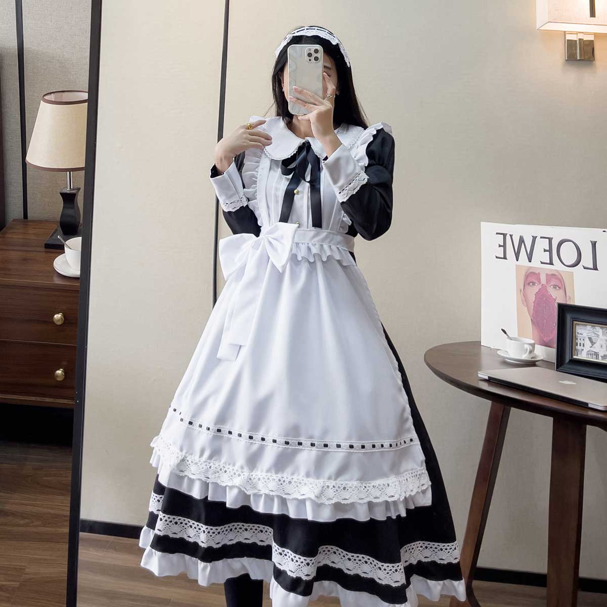 Ruffles Bows Long Sleeves Polyester Maid Dress Black Lolita Dress