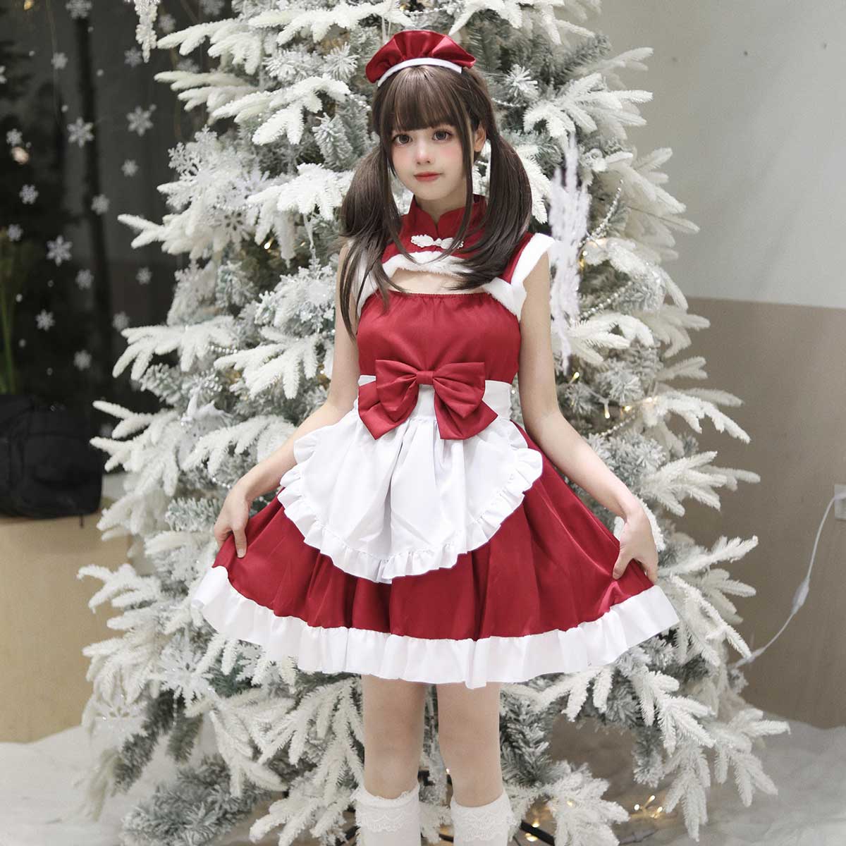 Sweet Red Lace Bows Lolita One Piece Dresses Maid Costume