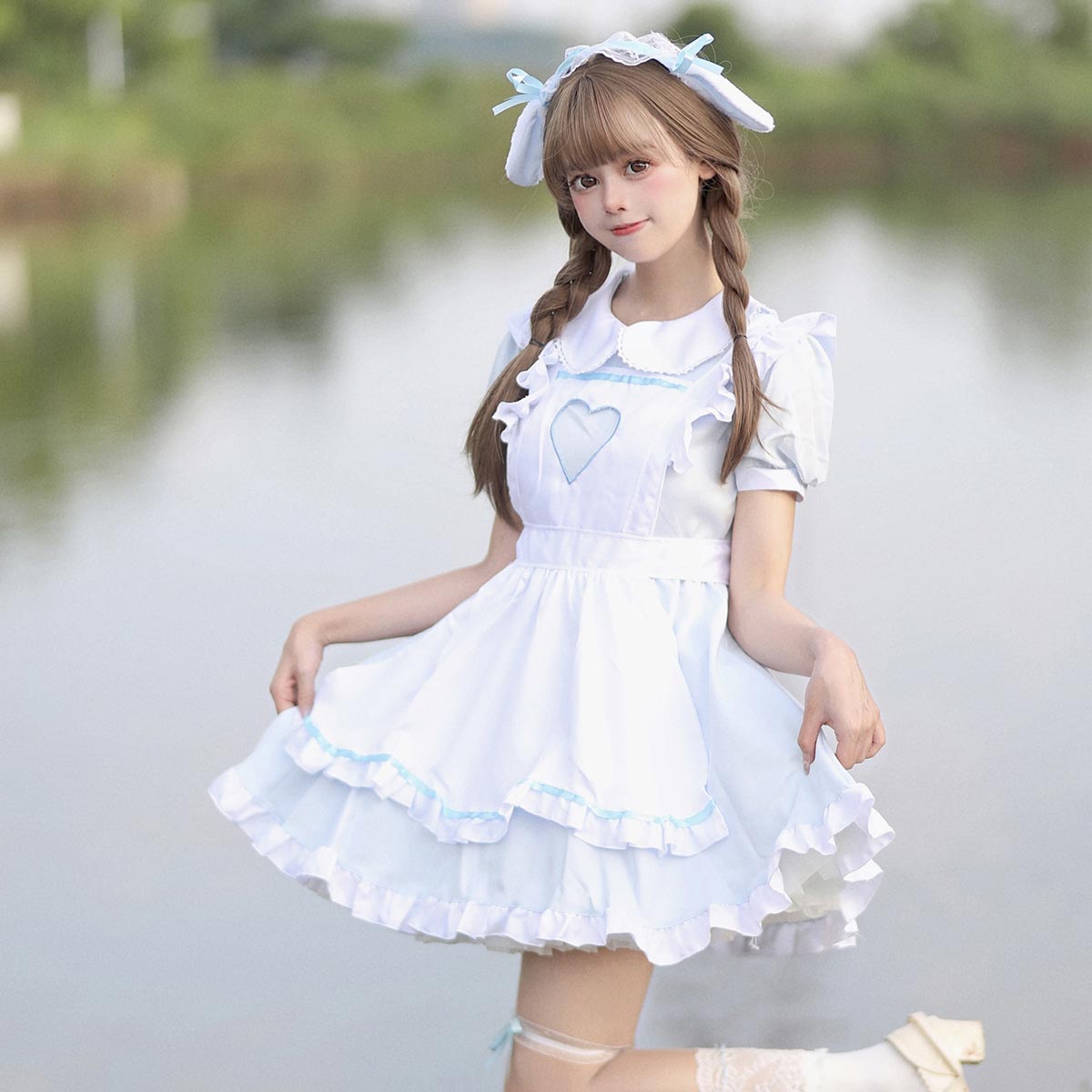 Blue Puff Sleeve Lolita Dress With Ruffles Apron And Headpieces