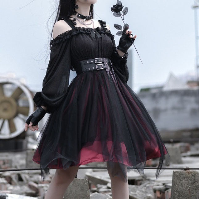 Black Burgundy Ruffles Bows Open The Shoulder Long Sleeves Outfit Gothic Lolita Dress