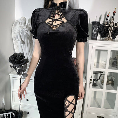 Women Black Pleated Short Sleeve Split Front Gothic Korean Velvet Maxi Bodycon Dress Gothic Cheongsam