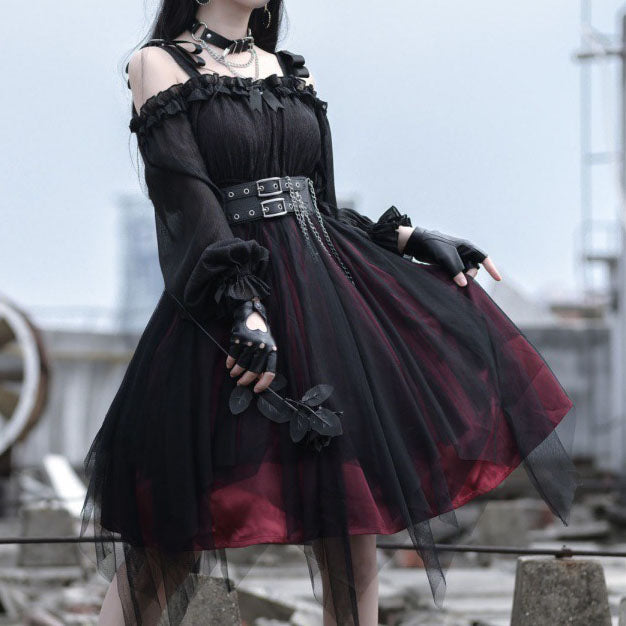 Black Burgundy Ruffles Bows Open The Shoulder Long Sleeves Outfit Gothic Lolita Dress