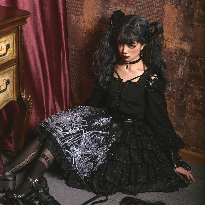 2-Piece Set Sleeveless JSK Dark Lolita Jumper Skirt Outfit Gothic Lolita OP Dress