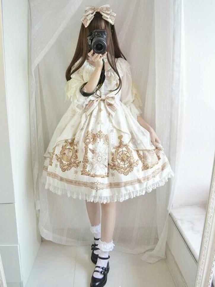 Chiffon Lace Frill Half Sleeve Classic Chinese Lolita Dress