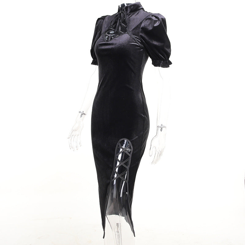 Women Black Pleated Short Sleeve Split Front Gothic Korean Velvet Maxi Bodycon Dress Gothic Cheongsam