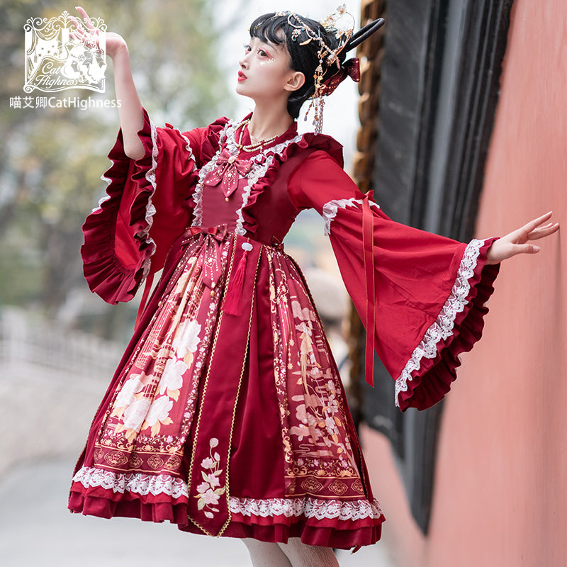 Red Embroidery Pleated Jumper Skirt Chinese Lolita Dress
