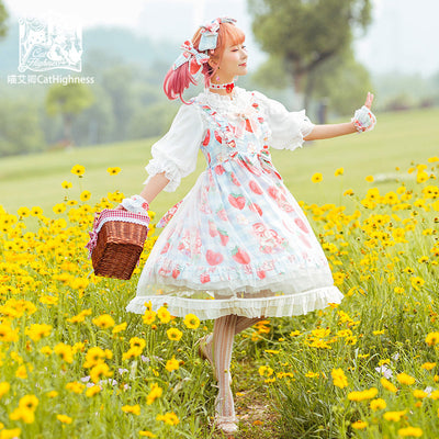 Pink Jumper Fruit Pattern JSK Dress Print Frill Sleeveless Knee Length Sweet Lolita