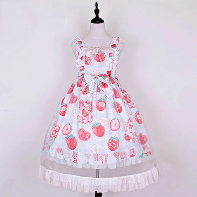 Pink Jumper Fruit Pattern JSK Dress Print Frill Sleeveless Knee Length Sweet Lolita
