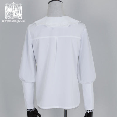 喵艾卿CatHighness黒白という二色の蝙蝠襟コンビしやすい白い羊足スリーブシャツ