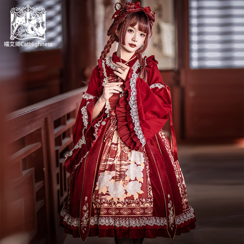 Red Embroidery Pleated Jumper Skirt Chinese Lolita Dress
