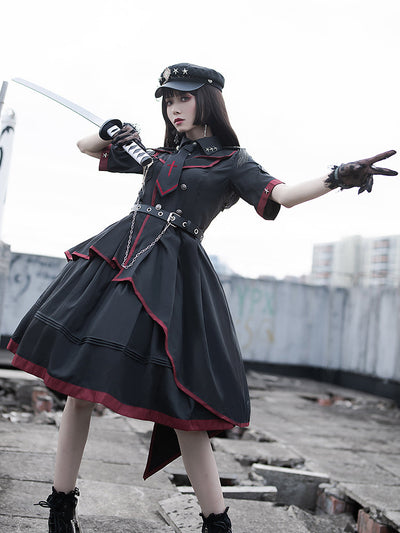 Military Style Lolita Black Chain Rivet Gothic Lolita Dress
