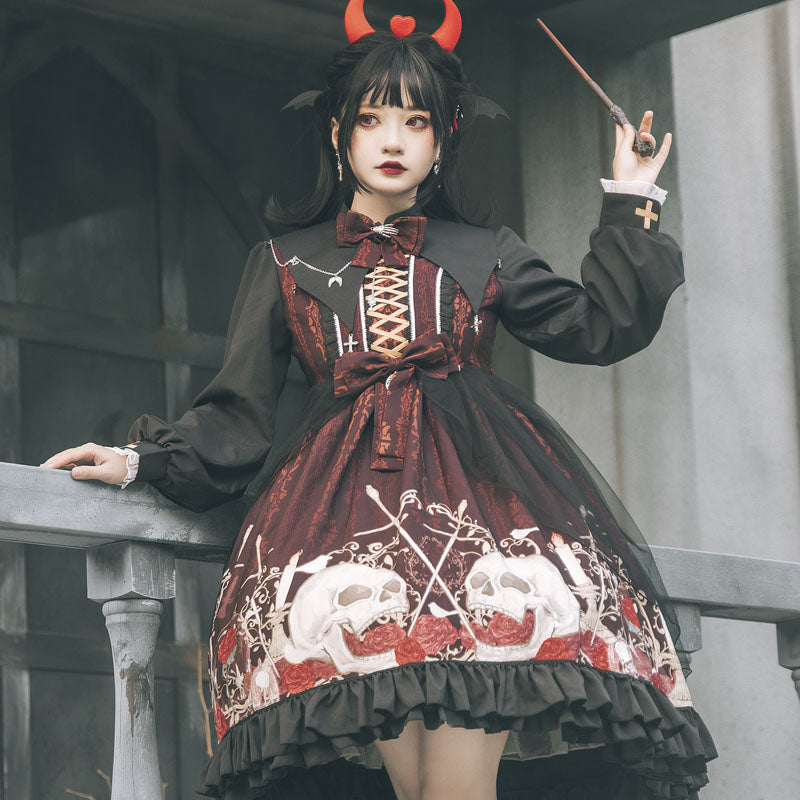 Black Skull Print Long Sleeve Gothic Lolita Dress