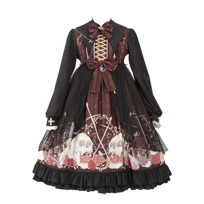 Black Skull Print Long Sleeve Gothic Lolita Dress