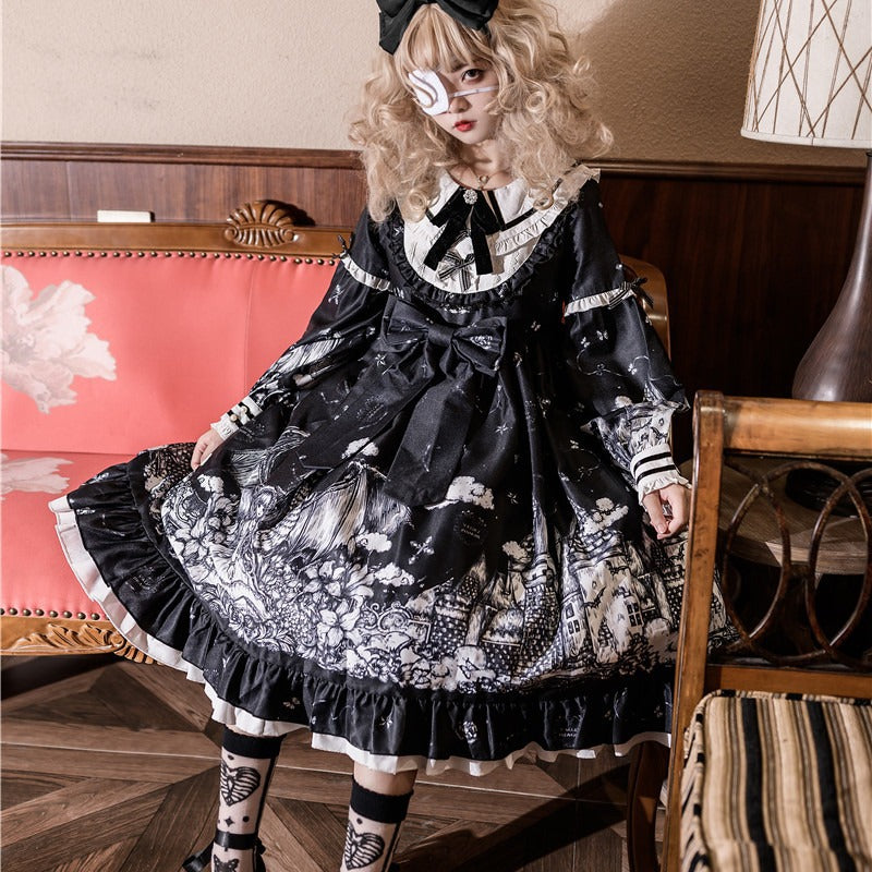 Bow Ruffle Doll Collar Print Gothic Lolita Dress