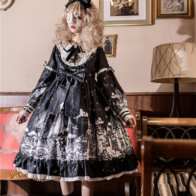 Bow Ruffle Doll Collar Print Gothic Lolita Dress