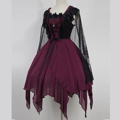 Dark Ballet Floral Fairy Skirt Gothic Lolita Dress with Detachable Cape
