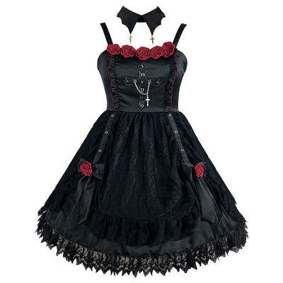 Lace Rose Color Block Black Gothic Lolita Dresses