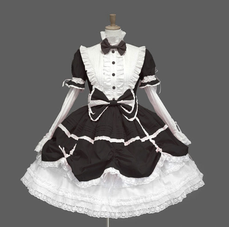 Black High Collar Puff Long Sleeve Cotton Lace Ruffled Bow One Piece Gothic Lolita Dress