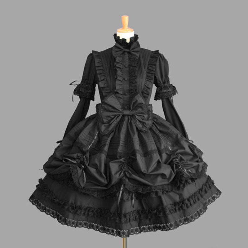 Black High Collar Puff Long Sleeve Cotton Lace Ruffled Bow One Piece Gothic Lolita Dress