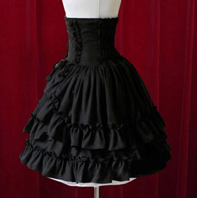 Pure Black Layered Ruffles High Waist Gothic Lolita Short Skirt