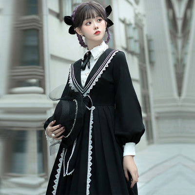 Two Piece Set Bowknot Lace Up Black Academic Classical Lolita OP Dress