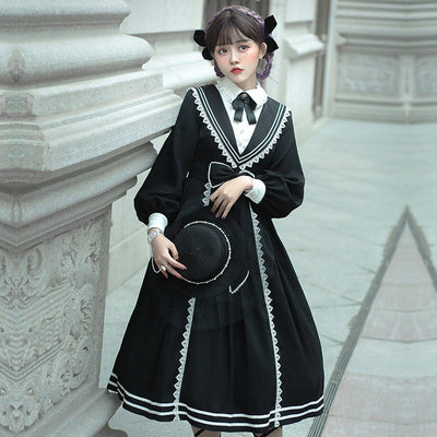 Two Piece Set Bowknot Lace Up Black Academic Classical Lolita OP Dress