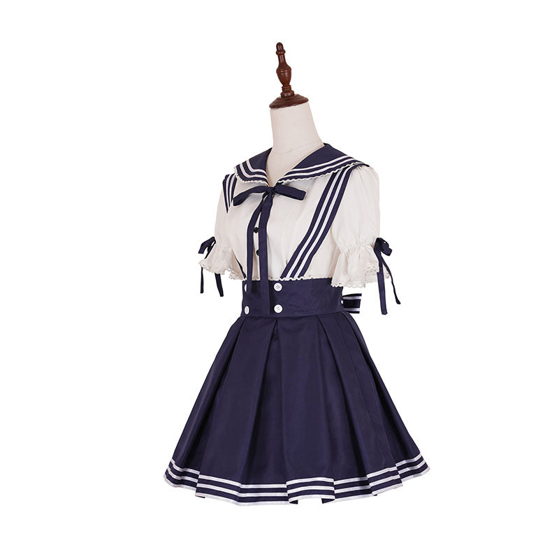 Sailor Lolita Costume Blue Short Sleeved Shirt And Pleated Jumper Skirt