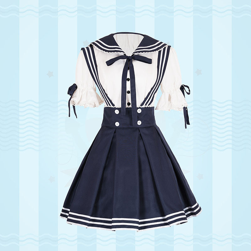 Sailor Lolita Costume Blue Short Sleeved Shirt And Pleated Jumper Skirt