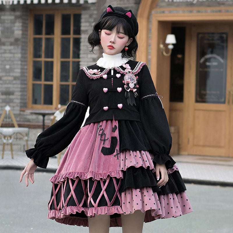 Ruffle Black Bow Crew Neck Sweet Lolita Outfit